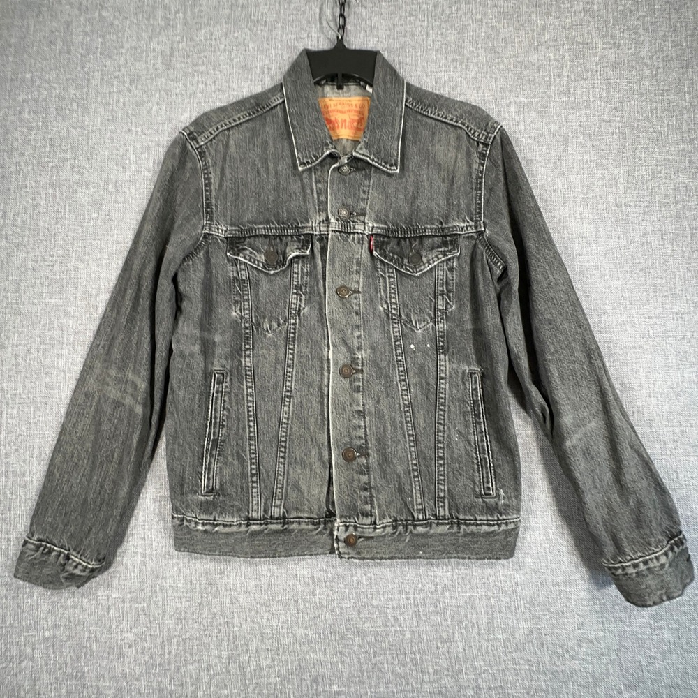 Levis Trucker Jacket Mens Small Faded Black Grey Distressed Paint Splatter Denim